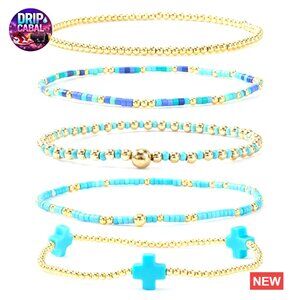 Gold Beaded Cross Bracelet Set Dainty Adjustable Stackable Minimal Jewelry